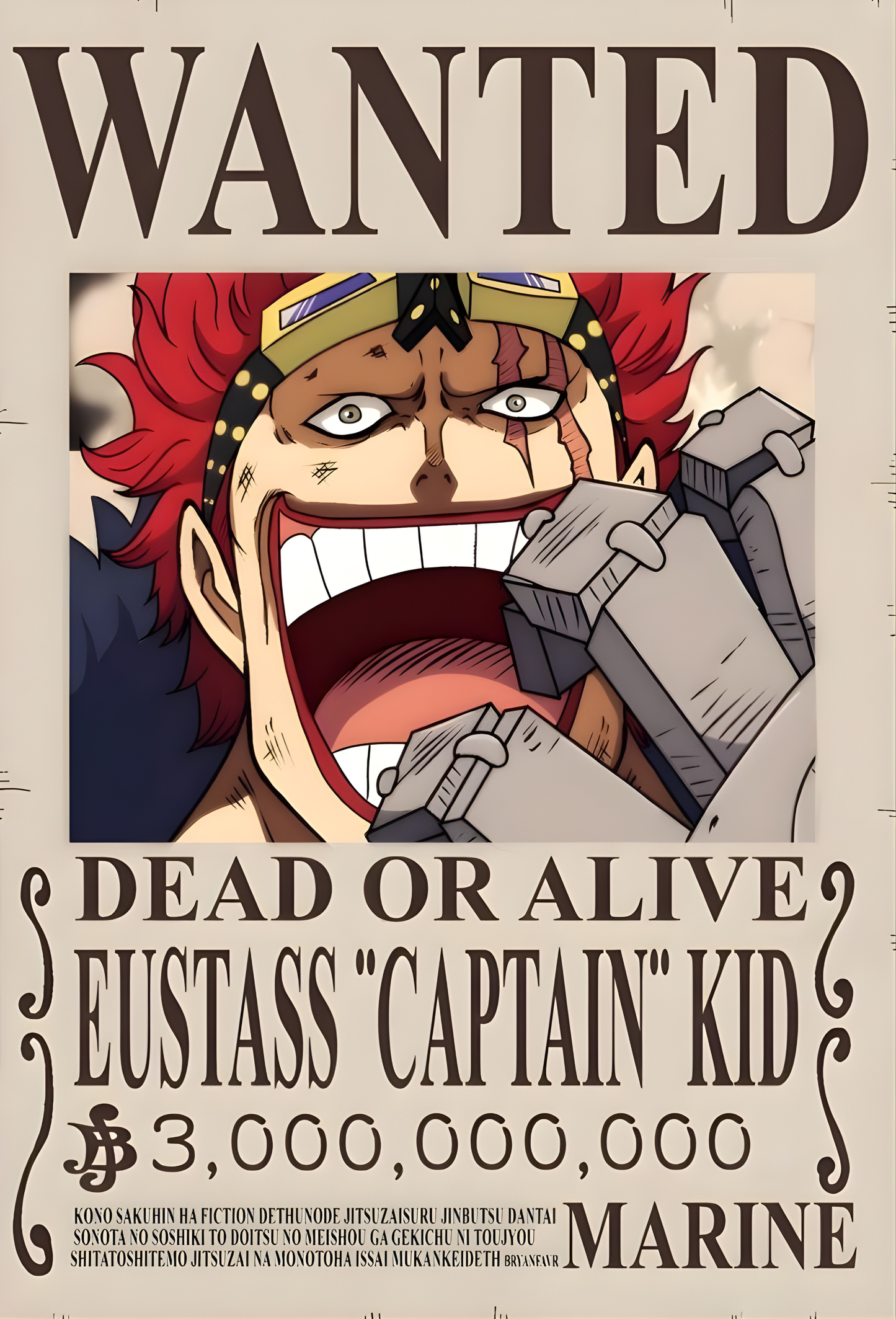 Eustass "Captain" Kid 3,000,000,000 Berry Bounty Poster - A3 & A4 One Piece Wall Art