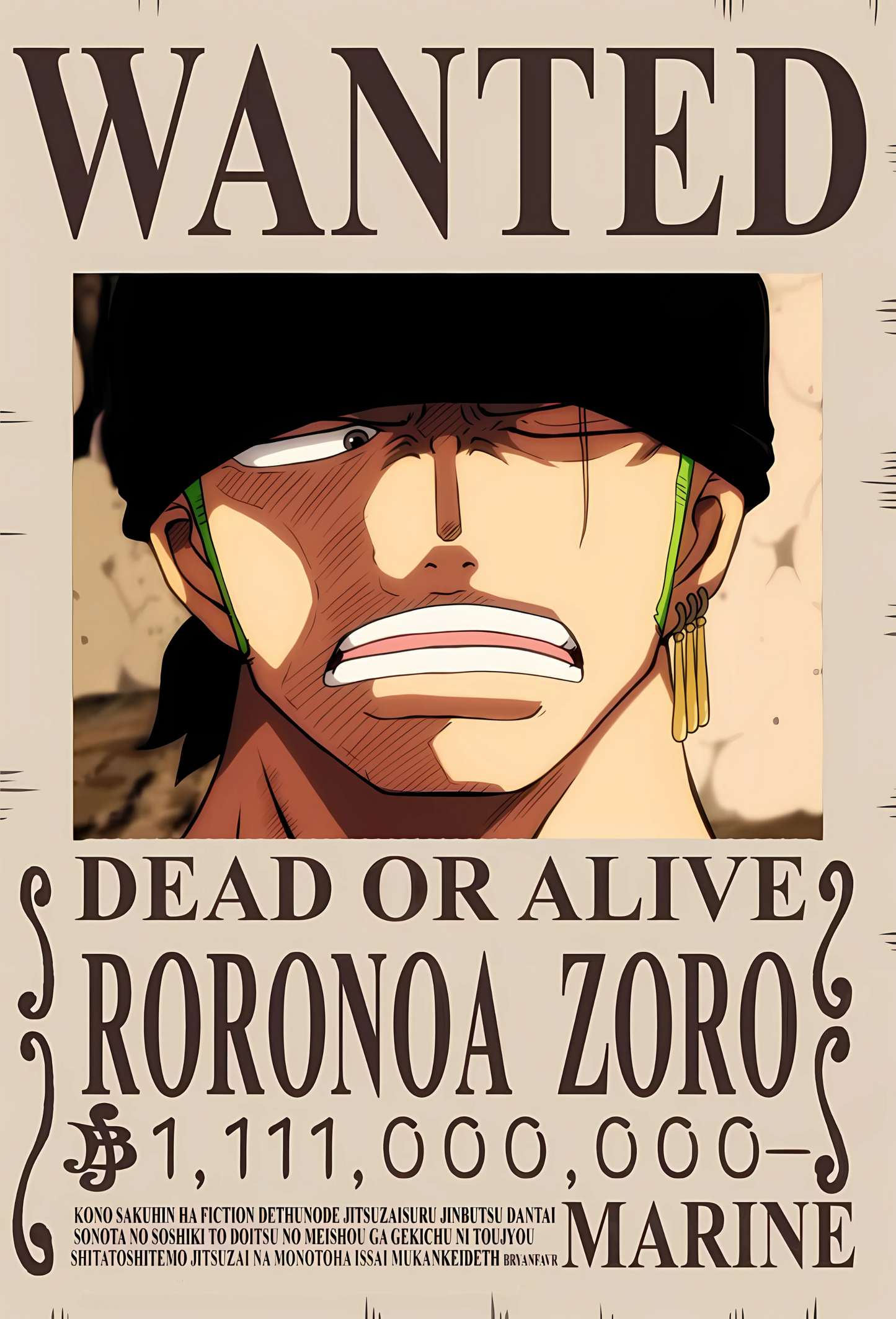 Roronoa Zoro 1.111 Billion Berry Bounty Poster - A3 & A4 One Piece Wall Art