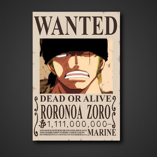 Roronoa Zoro 1.111 Billion Berry Bounty Poster - A3 & A4 One Piece Wall Art